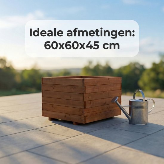 Houten plantenbak van 60x60x45 cm met houten lamellen.
