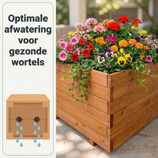 Houten plantenbak gevuld met kleurrijke bloemen, met illustratie van waterafvoer.