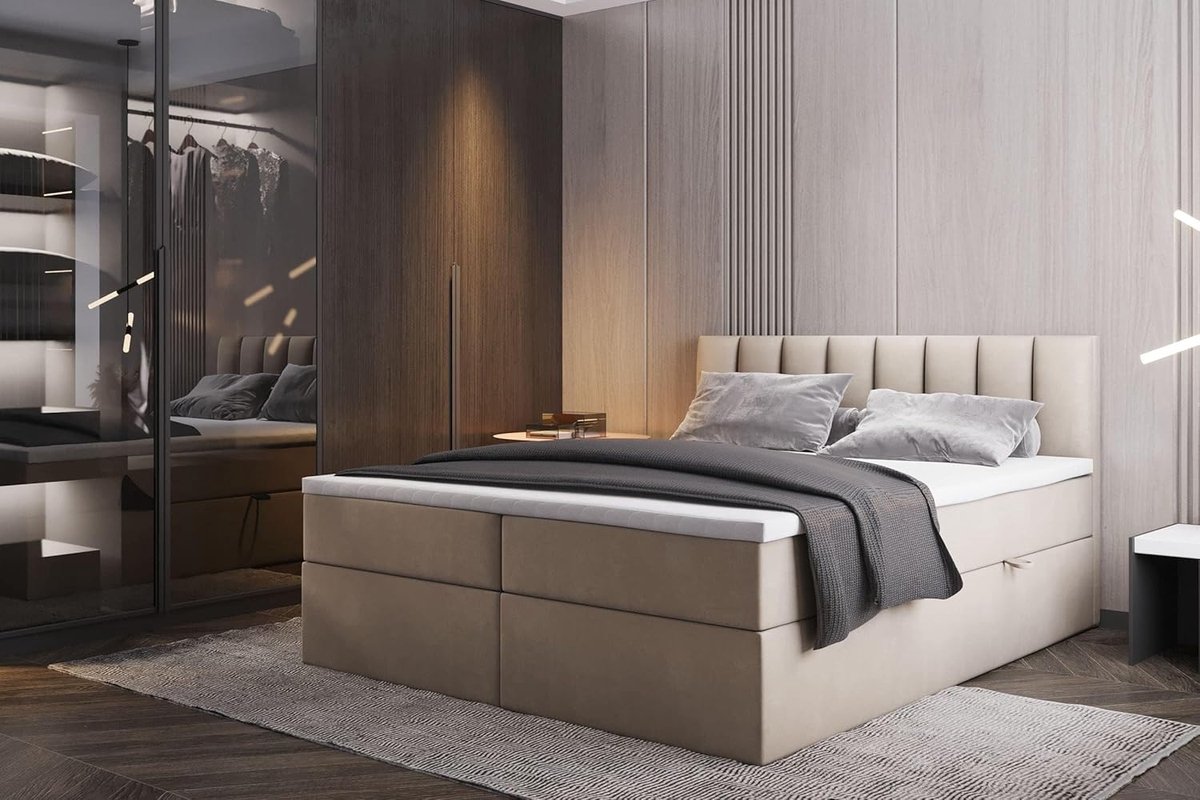 Boxspring 200x200 cm met bedladen, matras en topper – luxe gestoffeerd tweepersoonsbed met opbergruimte, hoofdbord en microvezel/fluweel bekleding – modern design – Urbanhome