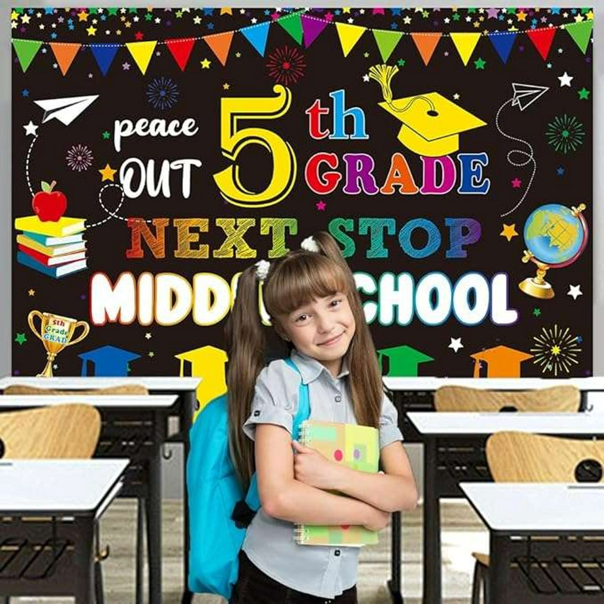CE - Schooljaar Eind Achtergrond - 5e Klas Basisschool - 210 x 150 cm - Winyl