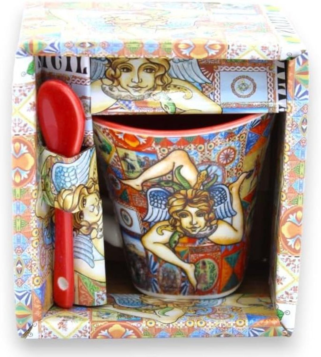Keramiek kopje met lepel - Siciliaans servies - Koffie drinken - Ambachtelijk handgemaakt - 9 x 7.5 cm - Meerkleurig