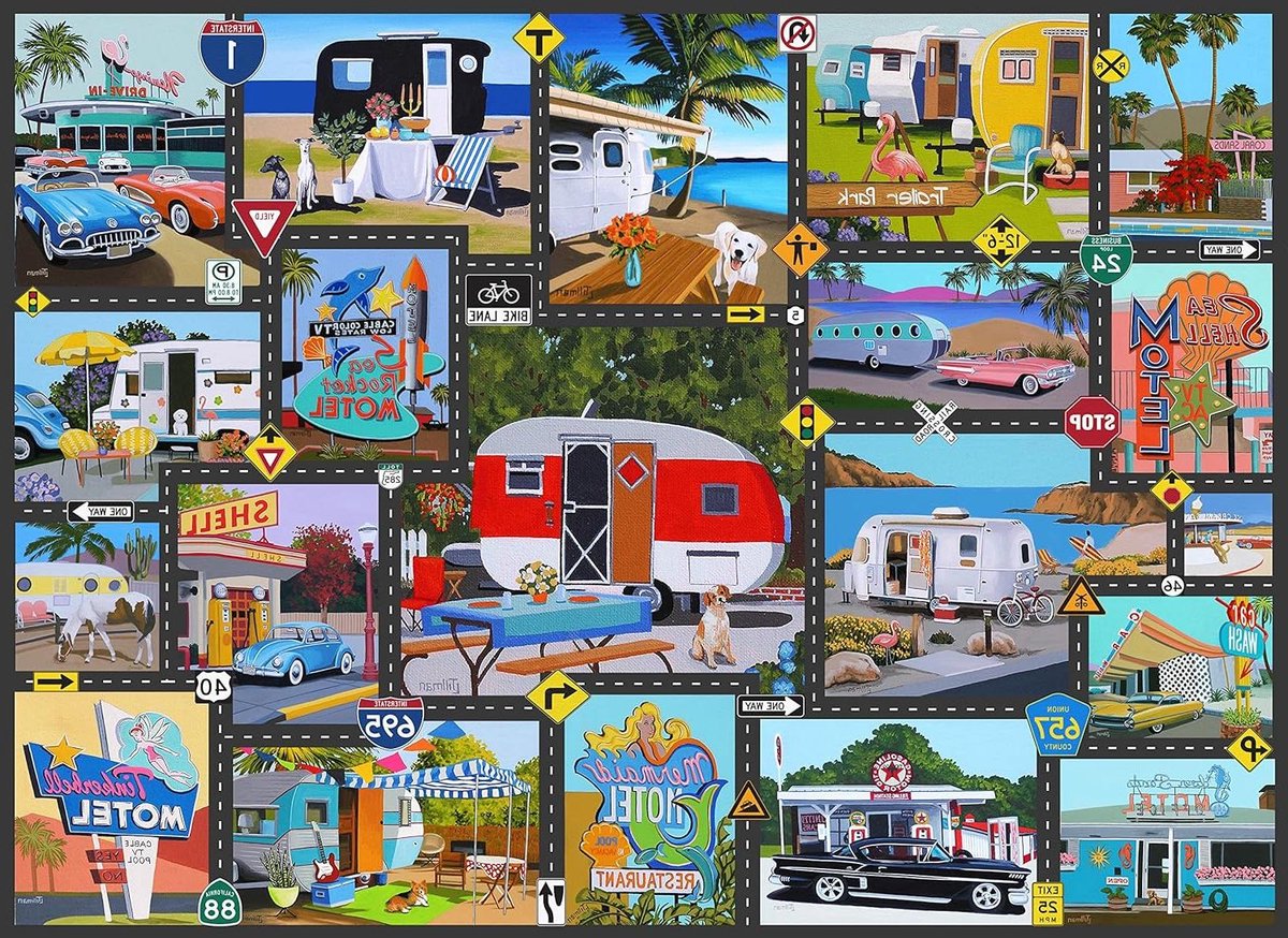 Road Trip Puzzel - Amerika Kaart Puzzel - Ontspannen Vrije Tijd - Willekeurig Gevormde Stukjes - 1000 Stukjes - Meerdere Kleuren