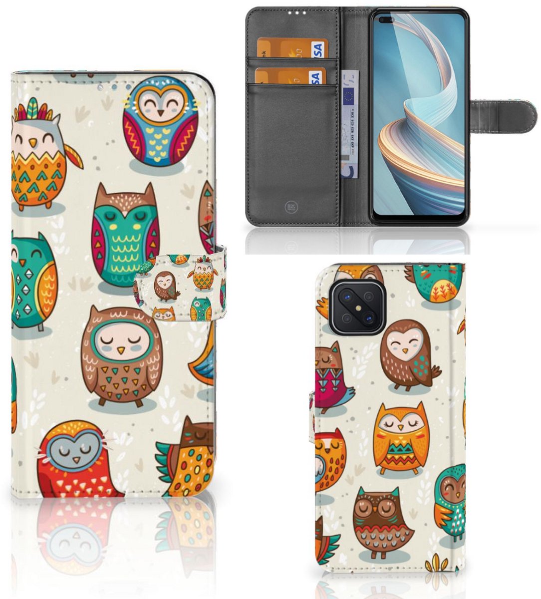 Boekhoesje voor OPPO Reno4 Z Telefoonhoesje met Pasjes Vrolijke Uilen