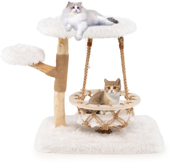 COSTWAY Arbre à chat en bois, arbre à chat avec panier suspendu, corde, vraies branches en bois, poteaux à gratter en jute, 2 perchoirs et plate-forme, meuble pour chat, tour à grimper, arbre à chat pour chats, naturel + blanc (66 cm)