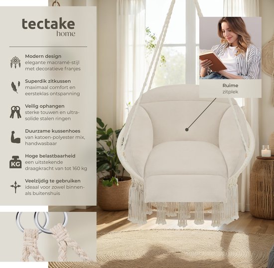 tectake® Hangstoel - Hangende schommel met dikke kussens en kwastjes - Boho hangmand - Hangstoel met frame voor tuin, balkon en woonkamer - Nestschommel voor binnen en buiten - Tuinstoel - Ø 80 cm - Maximale belasting 160 kg - Beige