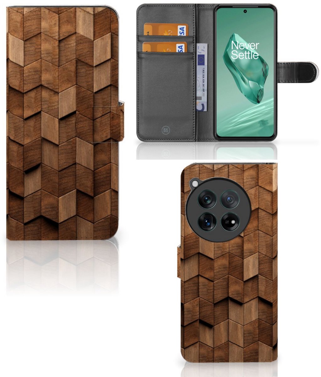 Book Style Case voor OnePlus 12 Wooden Cubes
