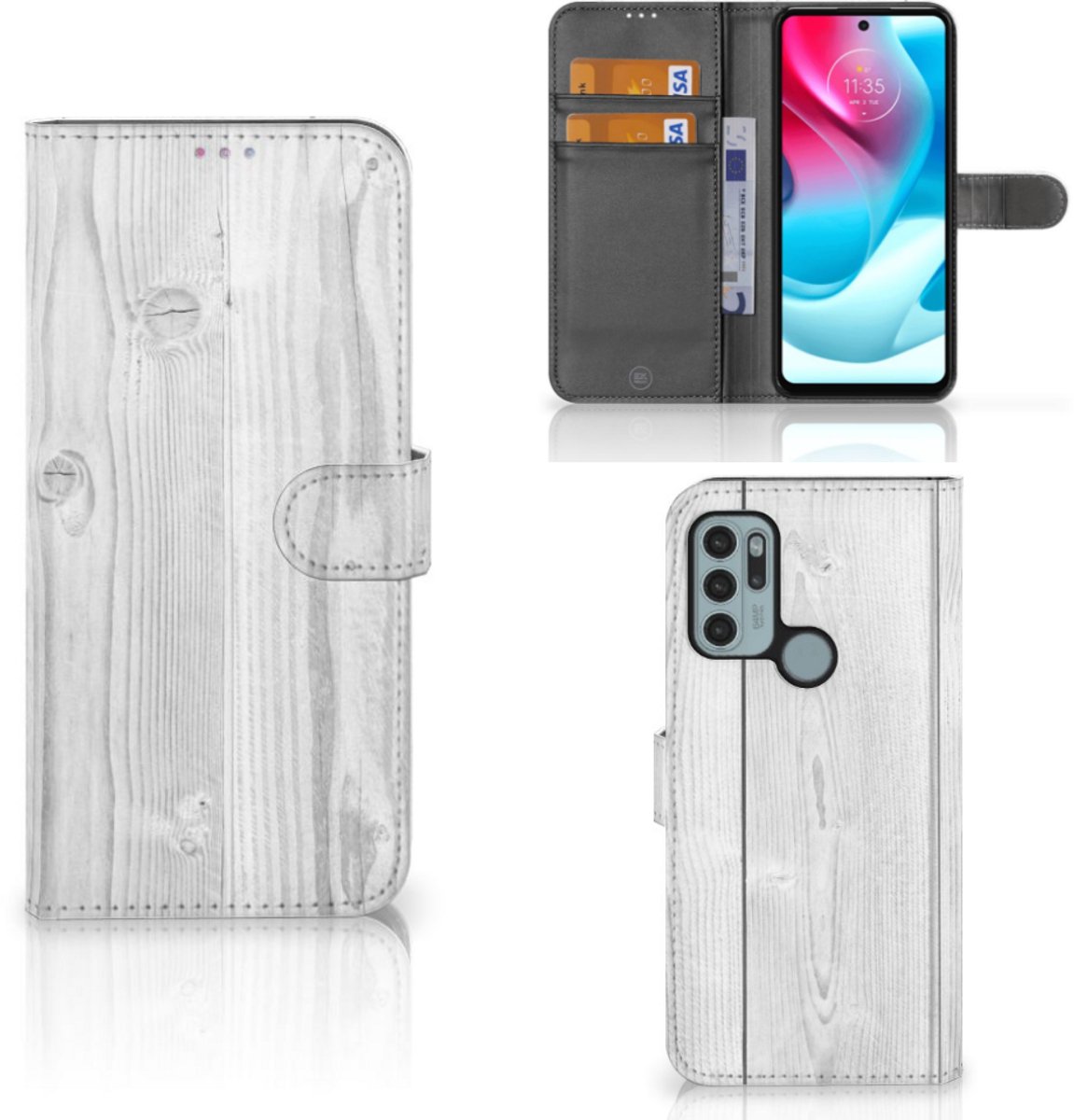Motorola Moto G60s Book Style Case White Wood