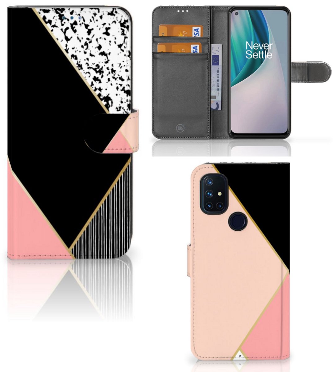 OnePlus Nord N10 Book Case Zwart Roze Vormen