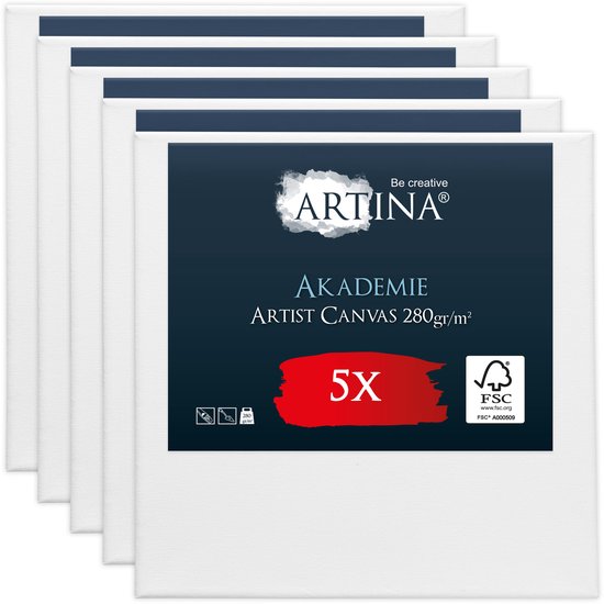 Set van 5 witte Artina Akademie Artist Canvas schilderdoeken, 280 gr/m², 15x15 cm. Met FSC® gecertificeerd hout.