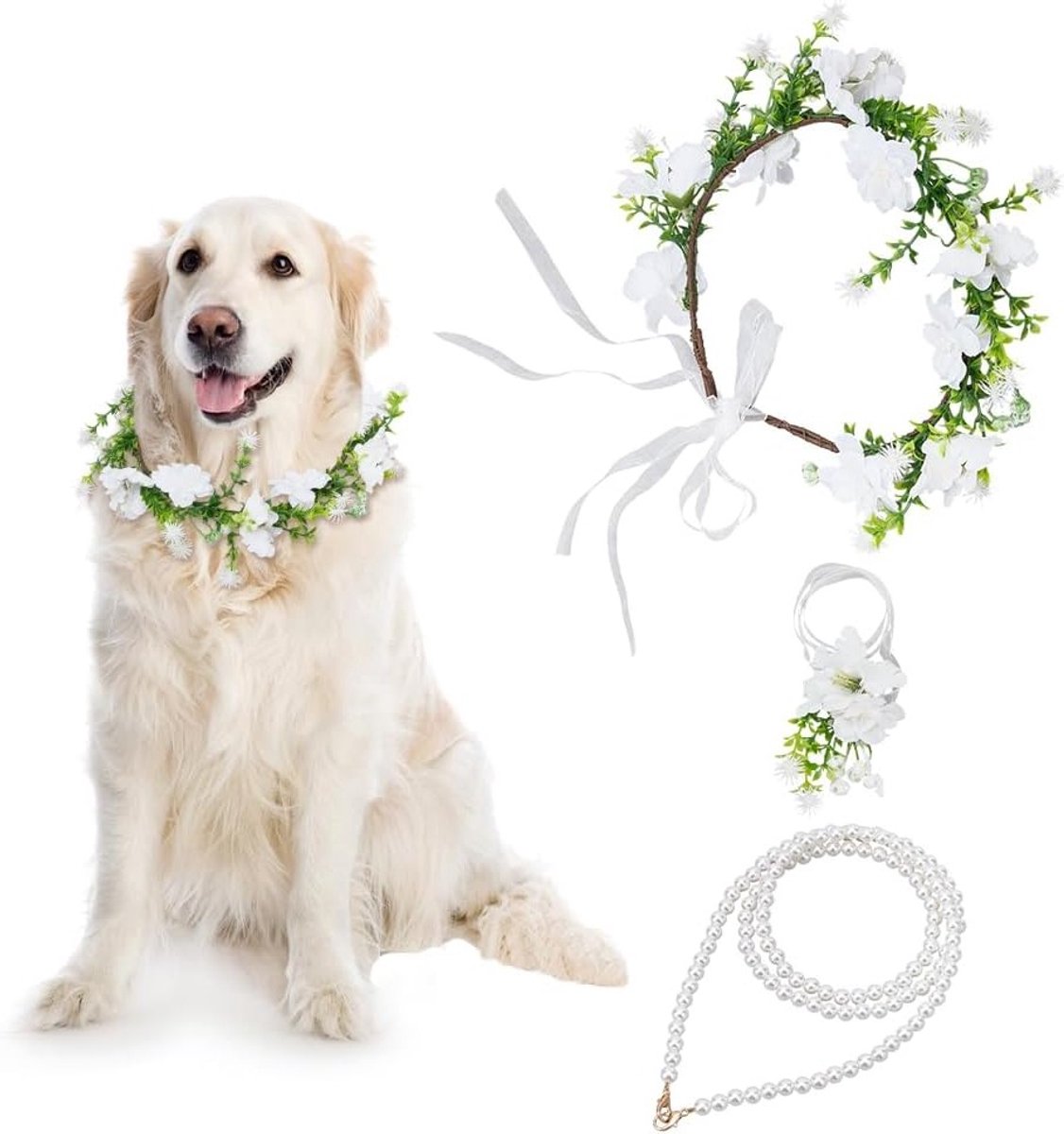 3 Stuks Honden Trouwen Set met Kraag, Parelsleutel, Hoofdband en Bloemkroon voor Honden Bruiloft en Verlovingsfeest Outfit