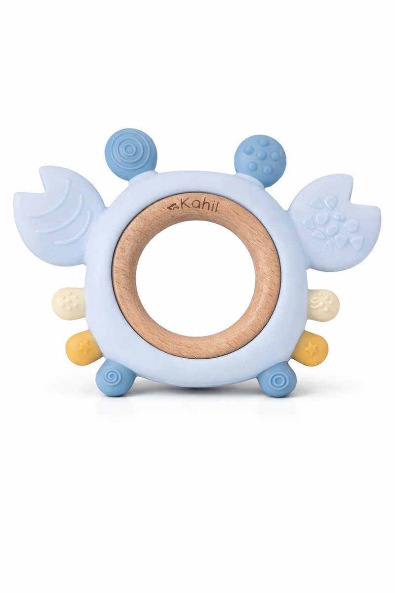 Kahil - Bijtring - Baby Siliconen en Hout - Lichtblauw - Sensorisch - Babyspeelgoed