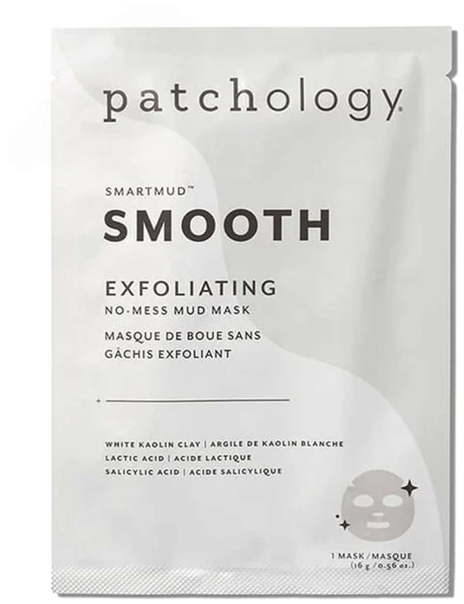 Patchology SmartMud™ Smooth Exfoliating No-Mess Mud Sheet Mask – Exfoliërend Gezichtsmasker met AHA & BHA – Verfijnt Poriën & Egaliseert Huid – Voor Een Gladde, Stralende Huid Met Een Mooie Glow – 1 Masker