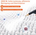 Stoomreiniger met tekst "2000 W, hohe Leistung". Illustratie van bacteriën.