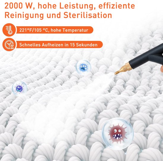 Stoomreiniger met tekst "2000 W, hohe Leistung". Illustratie van bacteriën.
