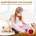 Meisje met teddybeer en hondje op tapijt, met stoomreiniger "Dampfreiniger für zu Hause".
