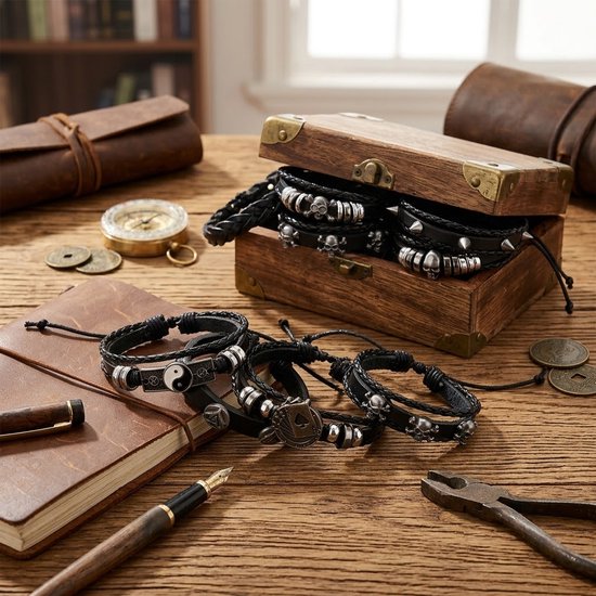 Een verzameling zwartleren herenarmbanden met diverse metalen symbolen zoals schedels, yin-yang, en klaveren.