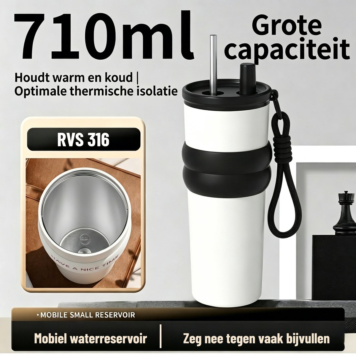 RVS Drinkfles met rietje 710 ML voor volwassenen - Ijskoffie Beker & Travel Mug - Warm & Koud - Dubbelwandig Geïsoleerde Waterfles - BPA Vrij - Koffiebeker To Go - Smaakneutraal & Geurloos - Past in Bekerhouder Auto - Wit