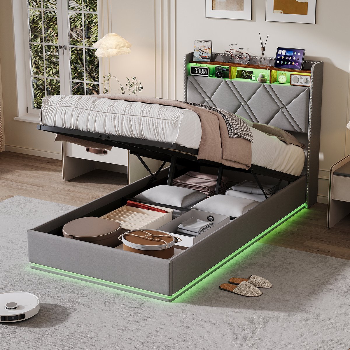 Solvenrik Bed 90x200 Grijs Linnen – met LED & USB-C Opbergruimte