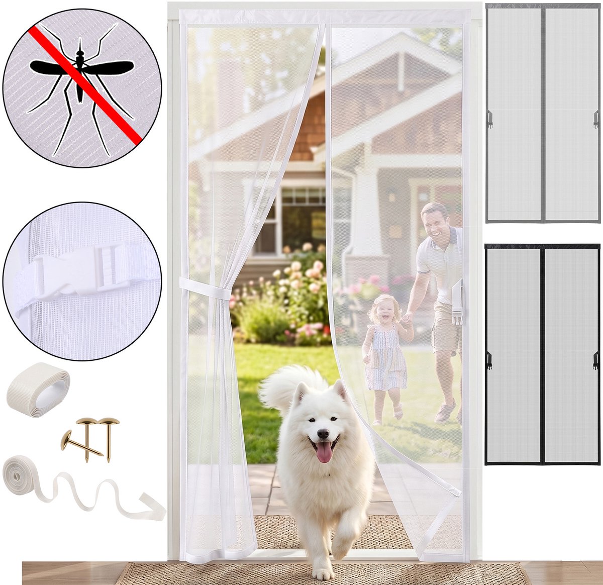 Qelus Magnetisch vliegengordijn 210×97 cm – Hordeur van zwaar gaas met 4 cm klittenband, kind- en huisdiervriendelijk, automatisch sluitend – Insectenwerend - Snelle montage - Wit