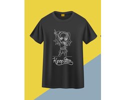 Kpop Star Chibi T-Shirt | Kawaii Girl Anime K-Pop Meisje Zangeres Zwart Shirt Maat S
