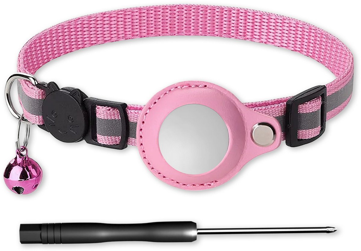 LUQ – Kattenhalsband Roze met Airtag Houder – Reflecterend & Verstelbaar – Met Belletje – Premium Nylon