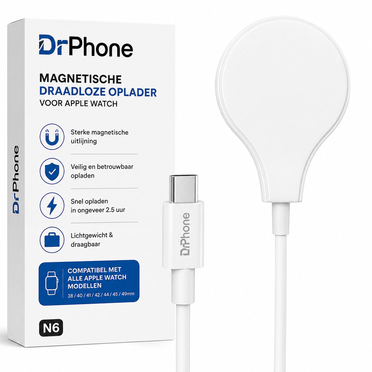 DrPhone N6 Safe Magnetische Oplaadkabel – USB-C Watch Oplader – Geschikt voor Apple Watch Series 1 t/m 9 & SE (38–45mm)