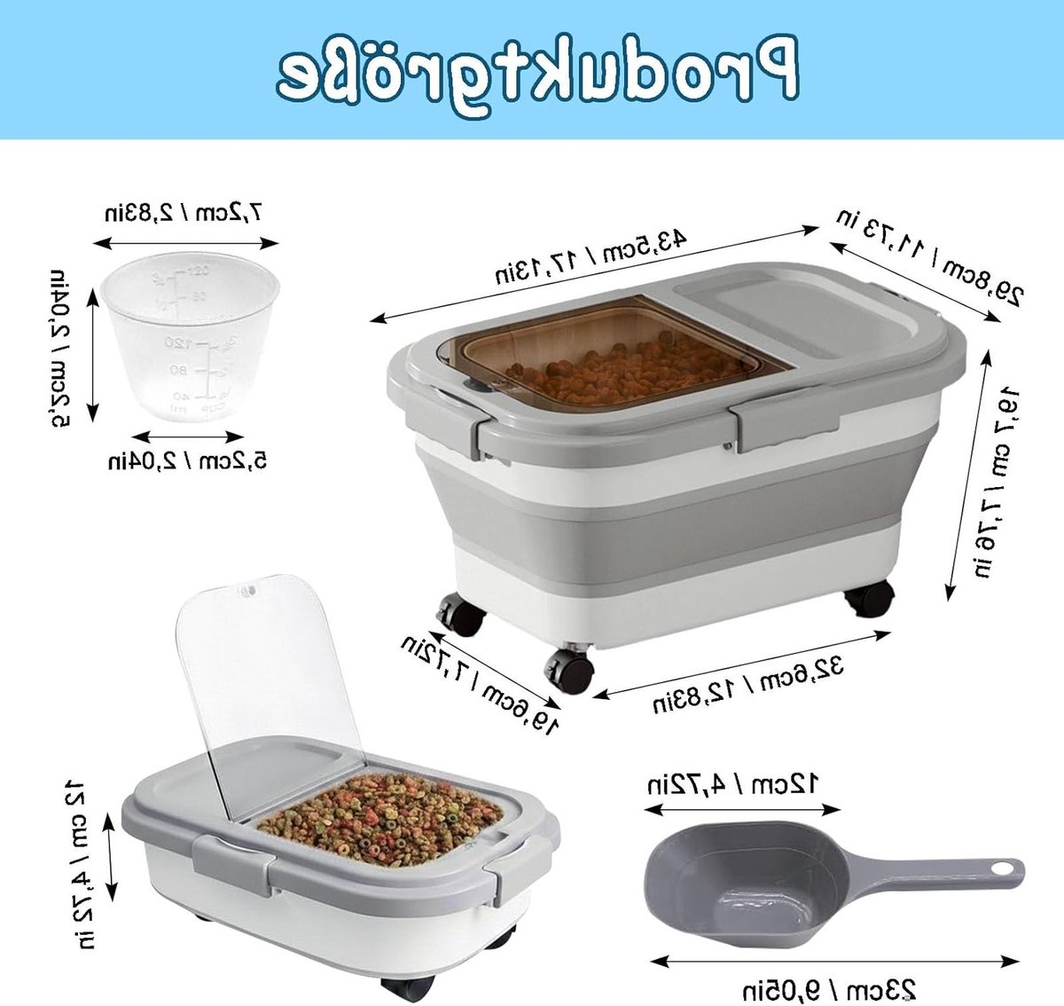 Hondenvoeropslagbox voor 8-10 kg, inklapbare hondenvoerbak met maatbeker en lepel, voercontainer met wielen voor droog kattenvoer en hondenvoer, grijs