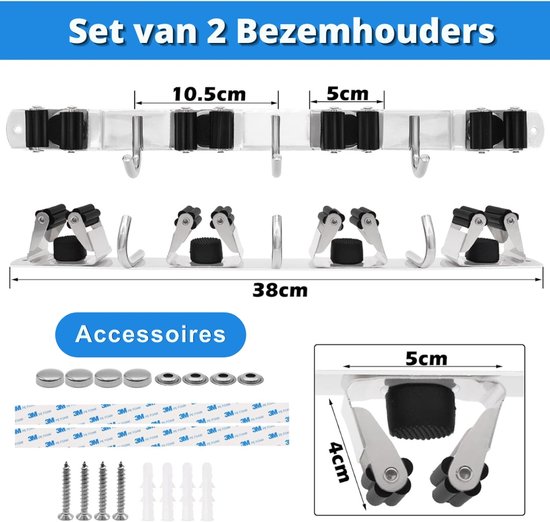 Bezemhouder Set van 2 Krachtige Grip en Ruimtebesparend - Gereedschapshouder Wand Voor Tuingereedschap en Schoonmaakartikelen - 8 Houders en 6 Haken - Zelfklevend en Schroefmontage in RVS Zilver van Merkloos	 — afbeelding 4