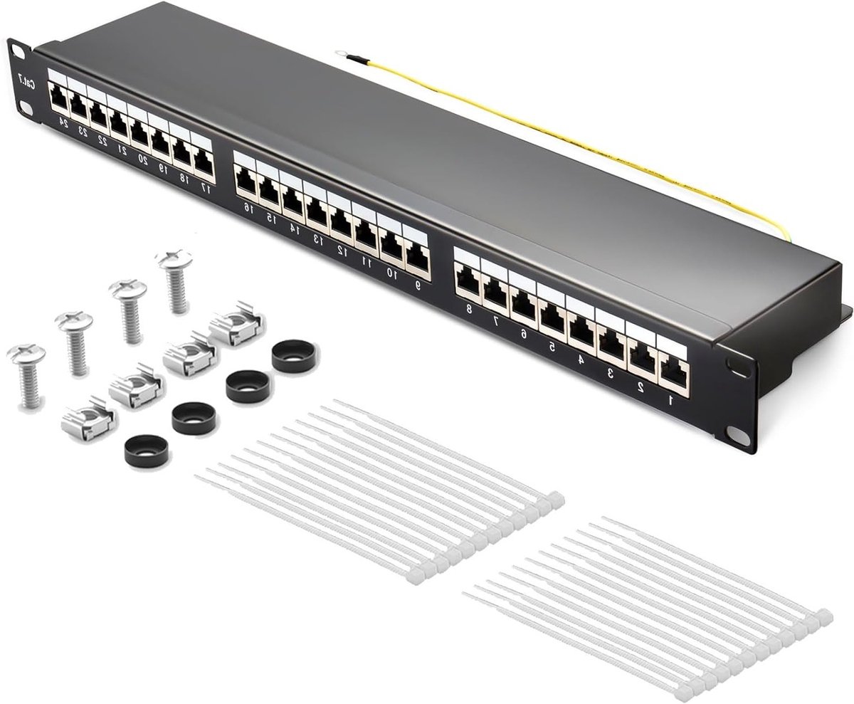 Patch Panel CAT 7 - 24 Poorten, 19 Inch, RJ45 Afgeschermd, Rack Mount voor Gigabit Netwerk Switch