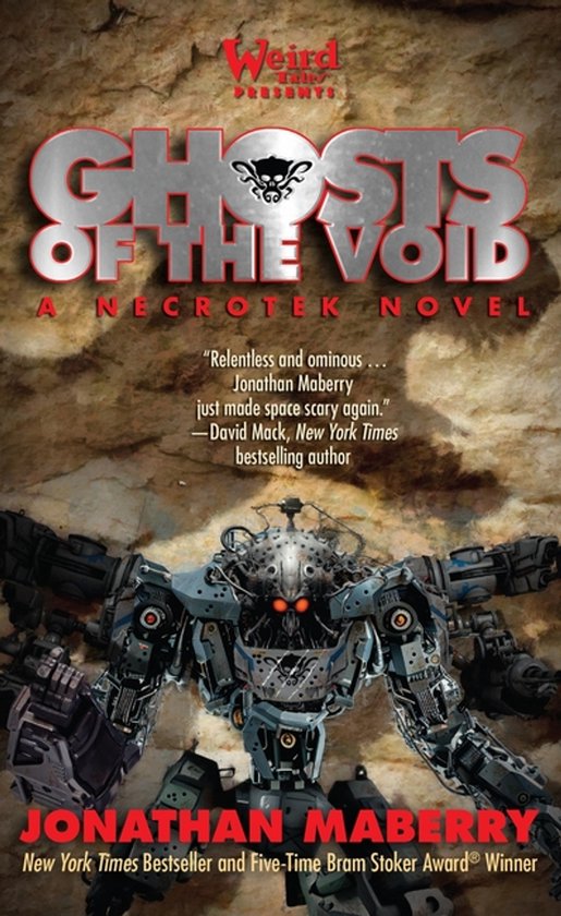 Boekomslag Ghosts of the Void door Jonathan Maberry met een mechanisch monster met gloeiende rode ogen op een rotsachtige achtergrond.
