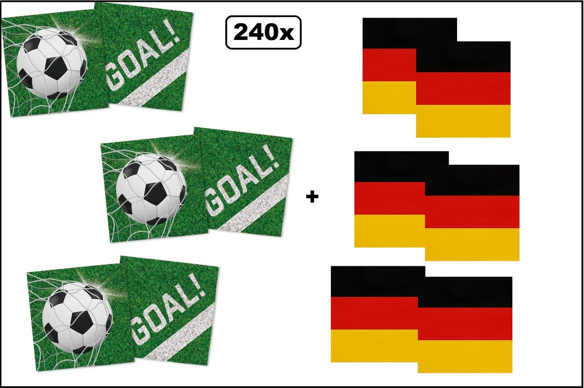 120x Servetten Voetbal 33cm x 33cm + 120x Servetten Duitsland 33cm x 33cm - 3 laags - MIX - WK Servet diner eten knoeien restaurant BBQ thema feest verjaardag feest