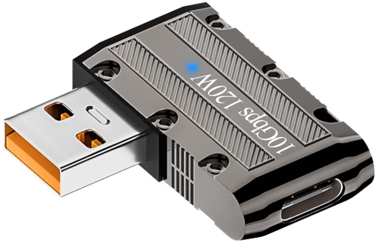 QIANRENON 120W USB 3.1 naar USB C 90 Graden Hoek Adapter - Metalen Mecha Stijl