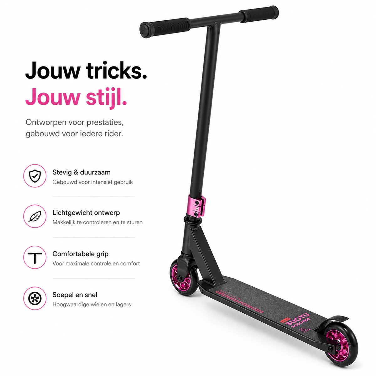 Suotu Stuntstep - Step - Kinderstep - Speelgoed Jongens/Meisjes - Maximale stuurhoogte: 78 cm - Aluminium - buitenspeelgoed - Zwart/Roze — afbeelding 5