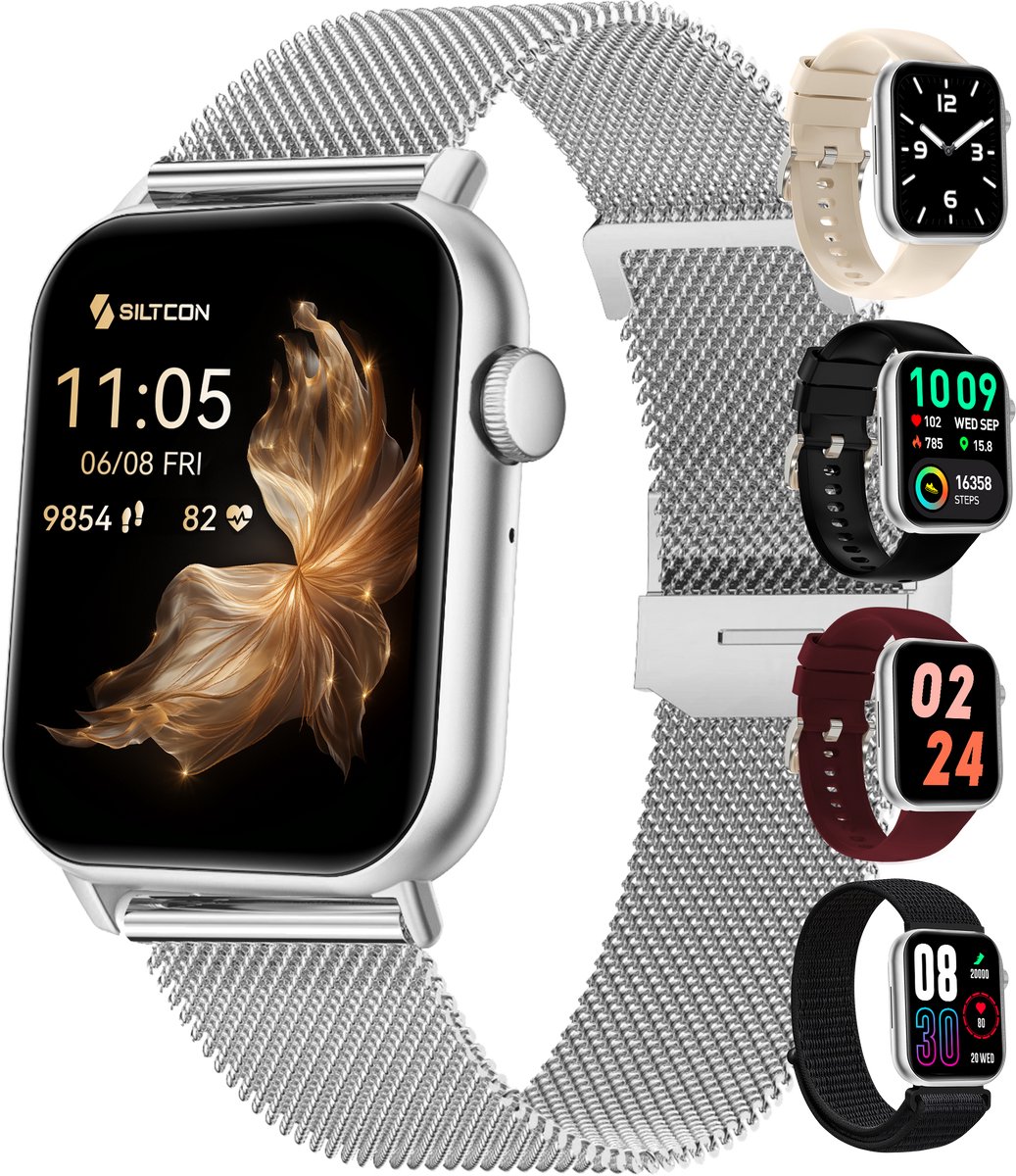 Siltcon® Seréa Smartwatch Dames - Smartwatch Heren - Horloge Dames - Stappenteller Horloge Dames - Hartslagmeter - Slaapmonitor - Saturatiemeter - Belfunctie - Geschikt voor iOS/Android - AMOLED - RVS - Elke pols - Incl. 5 Bandjes