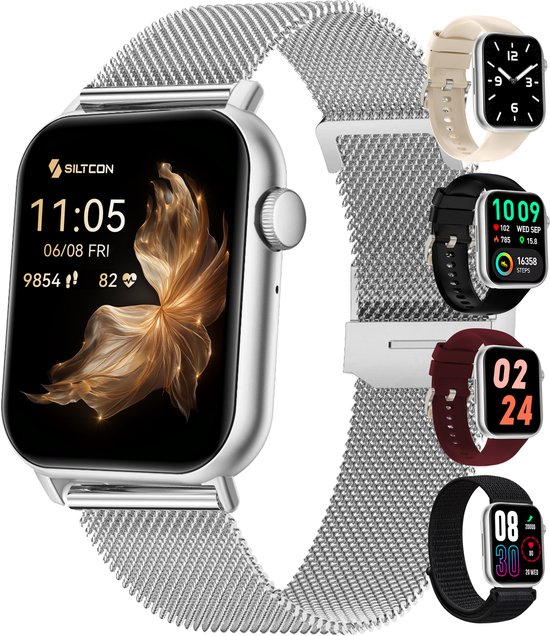 Siltcon Seréa Smartwatch met zilveren Milanese band en verwisselbare bandjes in crème, zwart, bordeaux en zwart nylon.