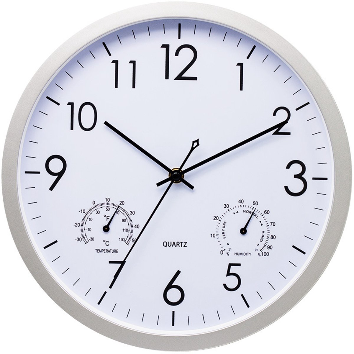 Oneay 12-inch wandklok met temperatuur- en luchtvochtigheidsweergave – Aluminium frame – Stil en nauwkeurig uurwerk – Decoratieve wandklok voor keuken, woonkamer en slaapkamer