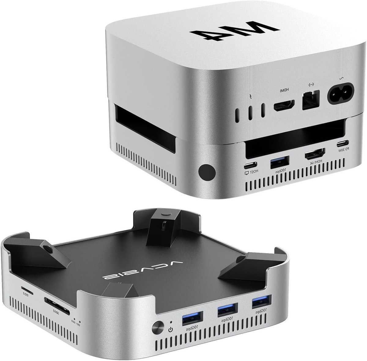 Dock en Stand voor Mac mini M4 met Dual-Bay NVMe SSD Enclosure, Aluminium HDMI Hub, 4K60Hz HDMI, 4 x 10G USB A, PD 30W, SD/TF, Ondersteunt SSD B+M M Key