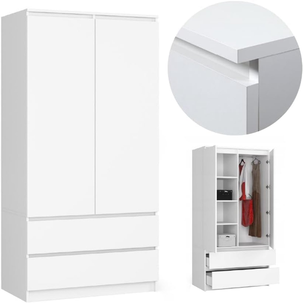 Lumièra Luxe Kledingkast 180x90x51 cm met 2 Deuren, 4 Planken, Kledingrek en 2 Lades – Moderne Multifunctionele Opbergkast Wit – Nicolehome