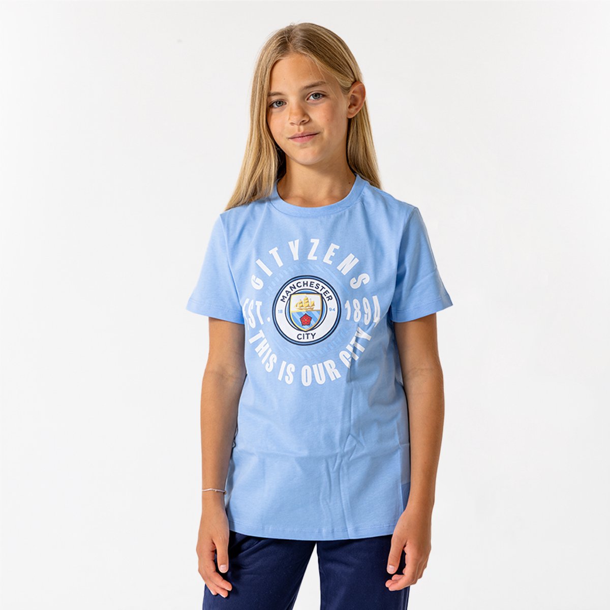 Manchester City Big Logo T-Shirt Kinderen - Maat 140 - Jongens & Meisjes - Fankleding - Voetbal - Man City - Stadion - Officiële Merchandise