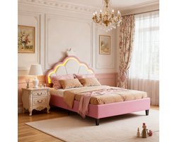 Gestoffeerd bed kinderbed 90x200 cm met LED, eenpersoonsbed voor meisjes, tienerbed met in hoogte verstelbaar hoofdeinde en lattenbodem, prinsessenbed in roze fluweel (zonder matras)