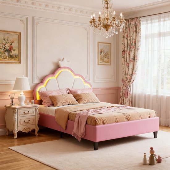Gestoffeerd bed kinderbed 90x200 cm met LED, eenpersoonsbed voor meisjes, tienerbed met in hoogte verstelbaar hoofdeinde en lattenbodem, prinsessenbed in roze fluweel (zonder matras)
