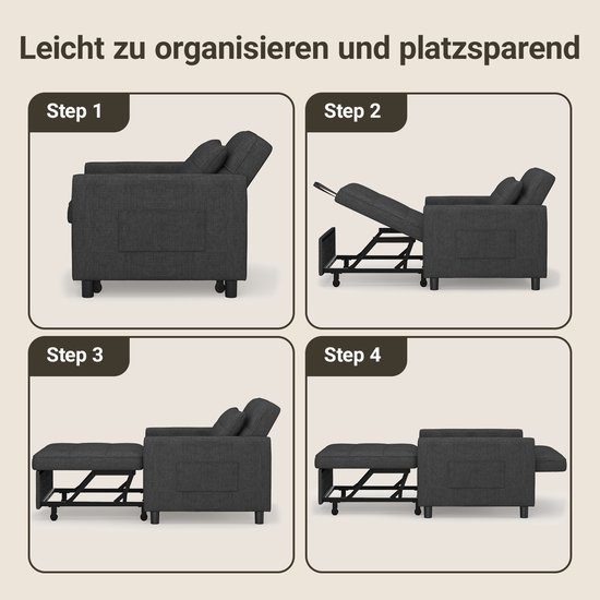 Stapsgewijze instructies voor het uitklappen van de donkergrijze slaapbank.