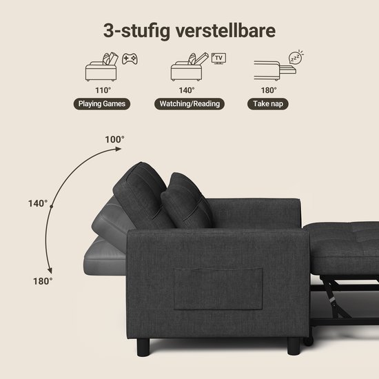 Afbeeldingen die de 3 verstelbare standen van de grijze slaapbank tonen: gamen, kijken/lezen en slapen.