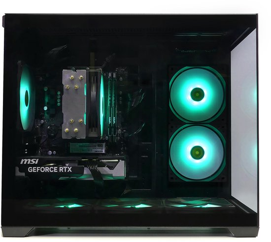 Zwarte pc-kast met glazen zijkant, met groen verlichte RGB-fans, MSI GeForce RTX videokaart en moederbord.