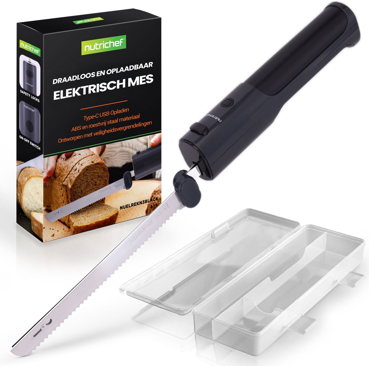 NutriChef Elektrische Mes - In/uit Veiligheidsfunctie -Lichtgewicht met Geprofileerd Handvat - Zwart