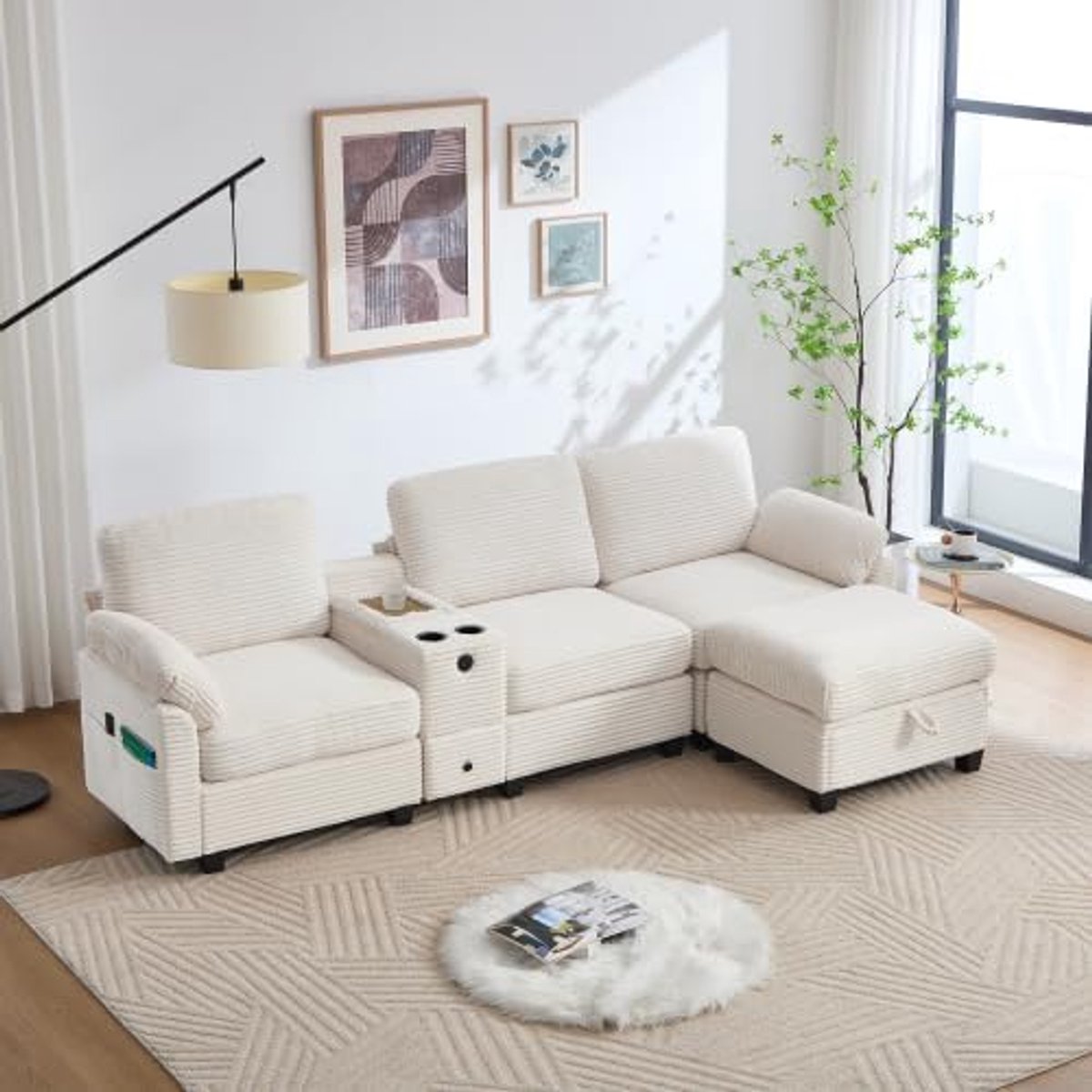 Luxe Corduroy 3-Zits Bank met Verplaatsbare Middenconsole, USB-C Oplaadpoort, Opbergruimte, Memory Foam Comfort en Poef 266 x 136 x 82 cm Beige