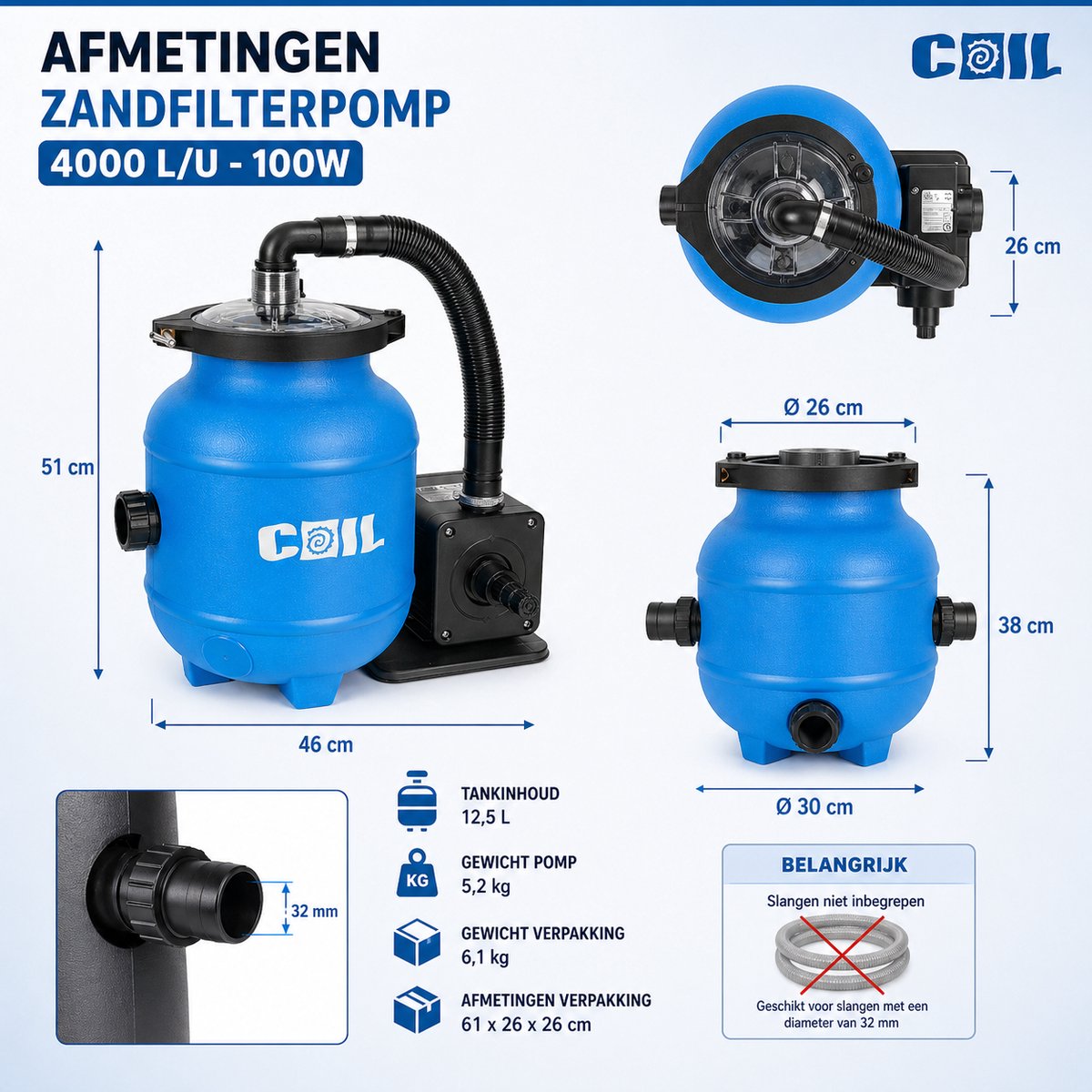 COIL Zandfilterpomp 4000 l/u (100W) – Inclusief Aqualoon filterballen 320g – Zwembadpomp tot 15 m³ – 32 mm aansluiting – foto 2