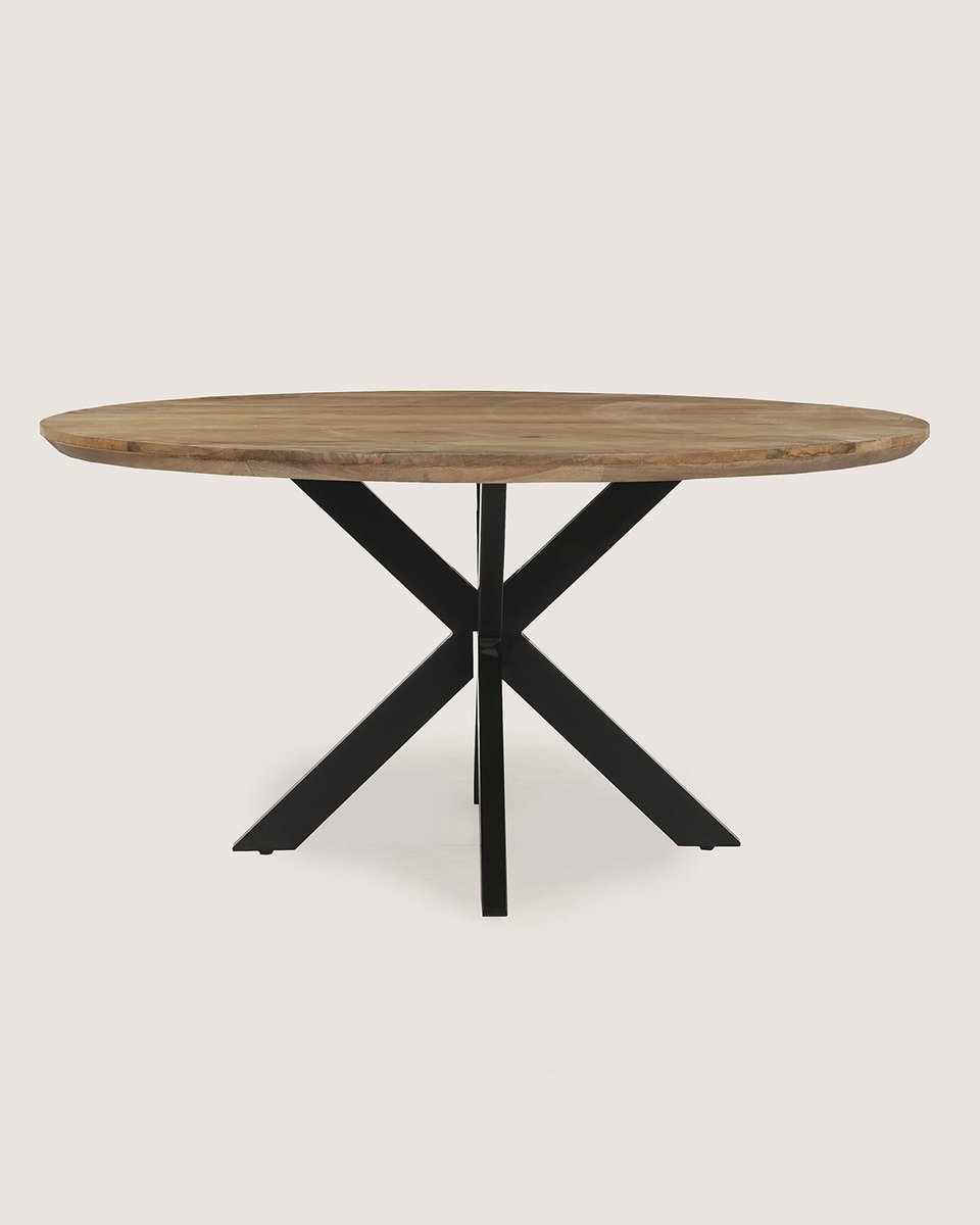 Ronde Eettafel 150 cm Mangohout – Zwart Metalen Matrix Onderstel – Elegant Chic – 6-7 Personen