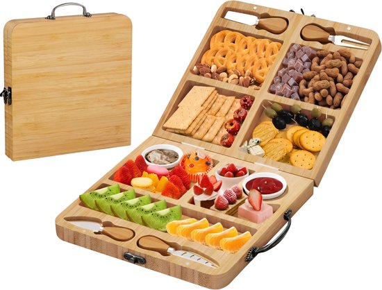 Kicinn Borrelplank - Tapasplank - Kaasplank - Serveerplank - Borrelplank Hout - Incl. Kaasmesjes en schaaltjes - Inklapbaar - Bamboe