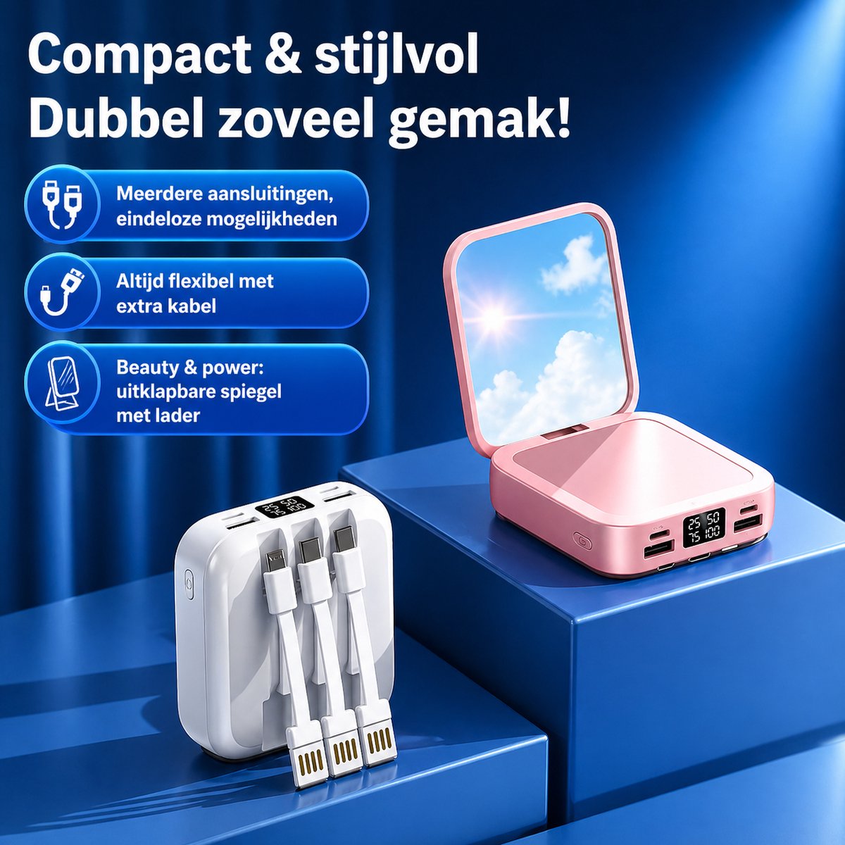 Powerbank 10.000 mAh – Zwart – Met ingebouwde kabels & display – Draagbare oplader / externe batterij voor smartphone & tablet – foto 3